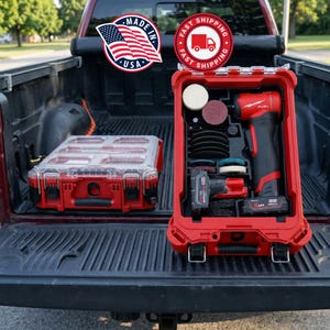 May include: Two red tool cases with clear lids are in a truck bed. One contains a red and black power tool with buffing pads. The other is a red organiser with compartments. Stickers read "Made in USA" and "Fast Shipping".