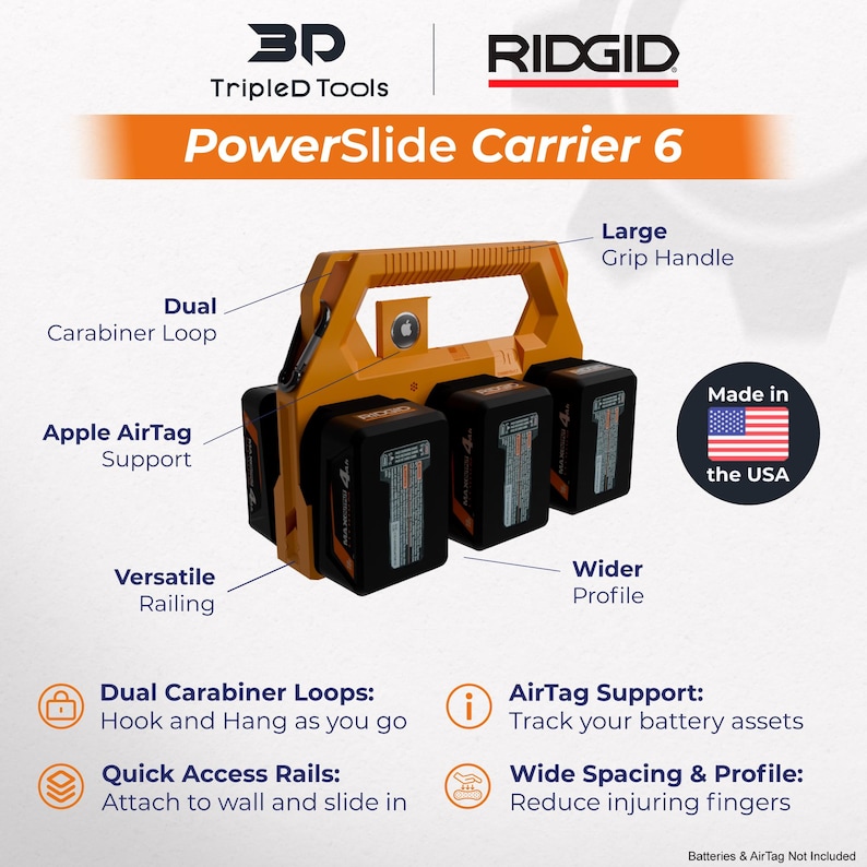 May include: An orange PowerSlide Carrier 6 with a large grip handle, dual carabiner loops, and Apple AirTag support. It features quick access rails and a versatile railing system. Made in the USA.