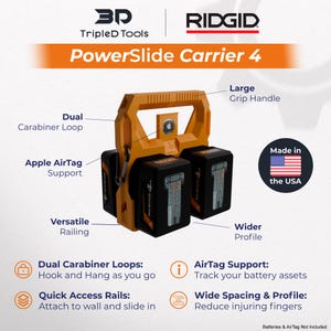 May include: An orange PowerSlide Carrier 4 with a large grip handle, dual carabiner loops, and Apple AirTag support. The carrier has a wider profile and versatile railing. The text "Made in the USA" is visible.
