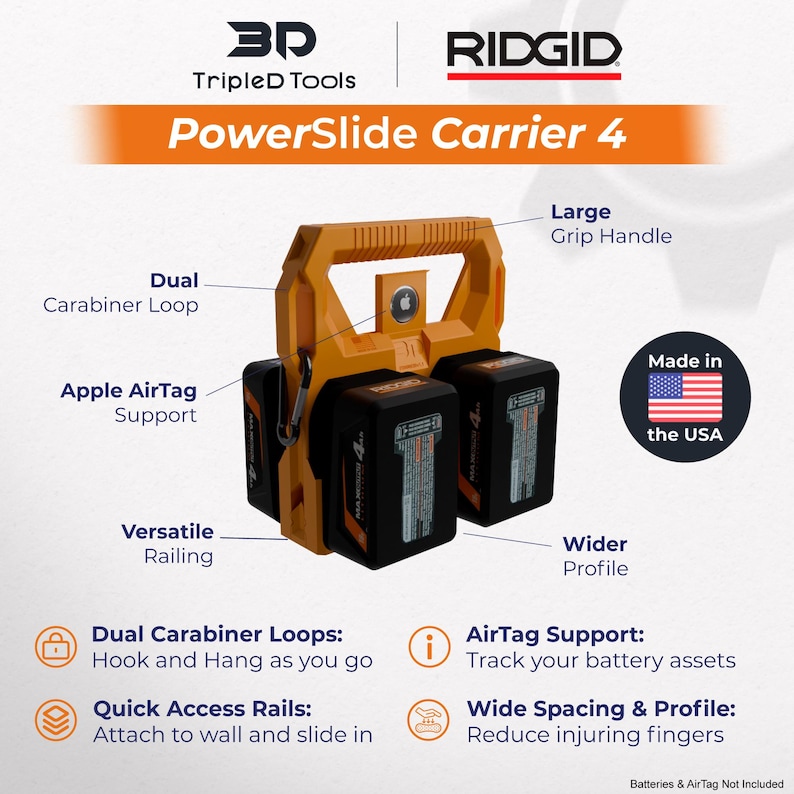 May include: An orange PowerSlide Carrier 4 with a large grip handle, dual carabiner loops, and Apple AirTag support. The carrier has a wider profile and versatile railing. The text "Made in the USA" is visible.