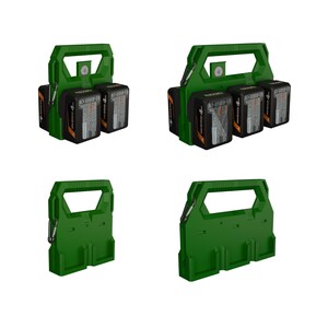 May include: Green battery holders with a handle and clips, holding black and orange batteries. The holders are designed to carry multiple batteries, with some holding two and others holding three. The design is a sturdy, practical solution for organizing power tool batteries.