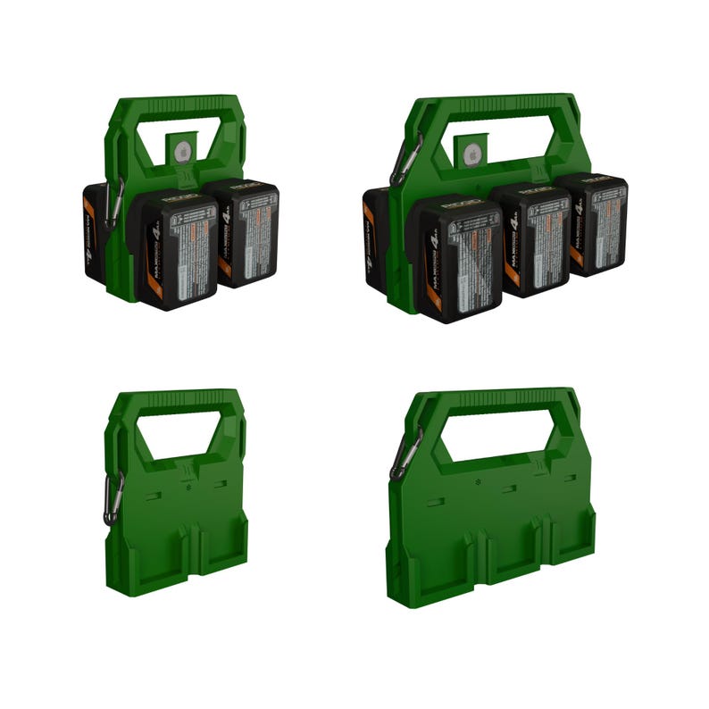 May include: Green battery holders with a handle and clips, holding black and orange batteries. The holders are designed to carry multiple batteries, with some holding two and others holding three. The design is a sturdy, practical solution for organizing power tool batteries.