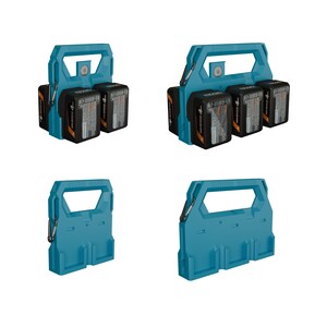 May include: A set of four images showcasing a teal-colored battery holder with a handle and carabiner clips. The holder is designed to accommodate multiple black and orange 4.0 Ah batteries, ideal for power tools. The design includes a handle for easy carrying.