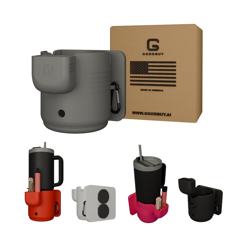 May include: A gray insulated tumbler holder with a side compartment and carabiner clip. The product is displayed with a cardboard box featuring the American flag and the text "GOODBUY" and "MADE IN AMERICA". Additional color variations are shown.