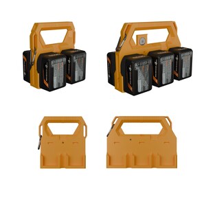May include: An orange battery holder with a handle, holding multiple black and orange 4-amp batteries. The holder has a carabiner clip and is designed to hold the batteries securely. The image shows different views of the holder.