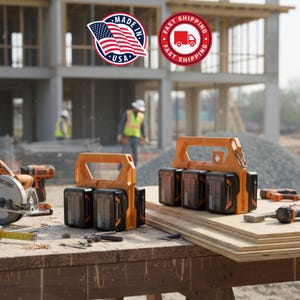 May include: Two orange and black power tool battery organizers with handles, each holding multiple batteries. The image includes a circular saw, drill, and construction site in the background. The text "Made in USA" and "Fast Shipping" are also visible.