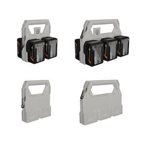 May include: A gray battery holder with a handle, holding two or three black and orange 4.0 Ah batteries. The holder has a carabiner clip. The image shows multiple views of the holder and batteries.