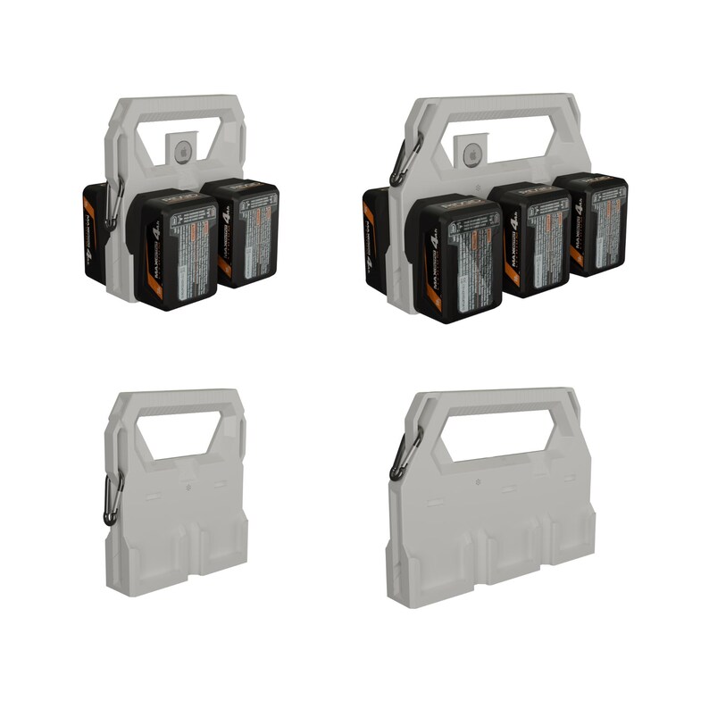 May include: A gray battery holder with a handle, holding two or three black and orange 4.0 Ah batteries. The holder has a carabiner clip. The image shows multiple views of the holder and batteries.