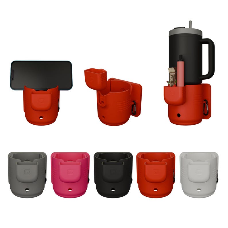 May include: A collection of red, gray, pink, and black cup holders with a phone and a water bottle. The cup holders have a small pocket and a carabiner clip. The water bottle is black with a gray top.