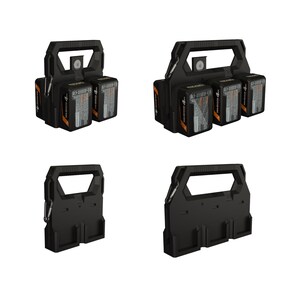 May include: Black battery holders with a handle and attached batteries. The batteries are black and orange. The holders have a handle and are designed to hold multiple batteries. The image shows different views of the battery holders.