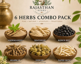 Paquete combinado de 6 hierbas, Safed Musli, Shatavari, Kaunch Beej, Akarkara, Gokhru, Ashwagandha,