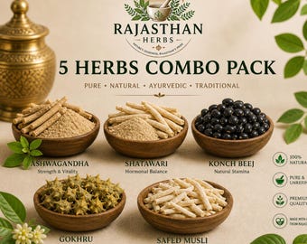 Combopakket van 5 kruiden, Safed-musli, Shatavari, Kaunch Beej, Gokhru, Ashwagandha