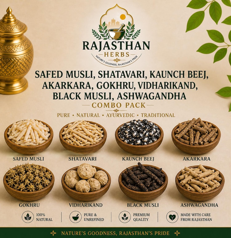 8 örter Combo Pack, Safed Musli, Shatavari, Kaunch Beej bild 1
