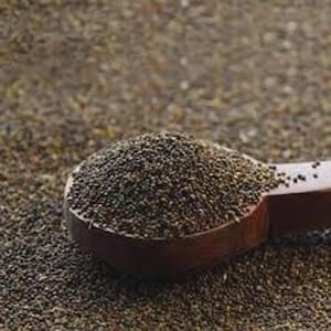 Puede incluir: Una cuchara de madera llena de un montón de pequeñas semillas oscuras. Las semillas son de color marrón oscuro y parecen de tamaño uniforme. La cuchara es de madera y tiene un acabado natural. El fondo está lleno de más semillas iguales.
