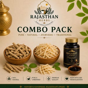 Op de afbeelding: Een combipakket van Rajasthan Herbs-producten. De afbeelding toont twee houten kommen gevuld met natuurlijke kruiden, een zwarte fles Shilajeet Liquid en een kleine kom met vloeistof. De tekst luidt "Combo Pack" en "Pure, Natural, Ayurvedic, Traditional."