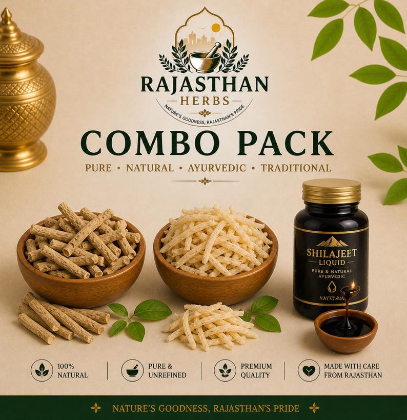 Op de afbeelding: Een combipakket van Rajasthan Herbs-producten. De afbeelding toont twee houten kommen gevuld met natuurlijke kruiden, een zwarte fles Shilajeet Liquid en een kleine kom met vloeistof. De tekst luidt "Combo Pack" en "Pure, Natural, Ayurvedic, Traditional."