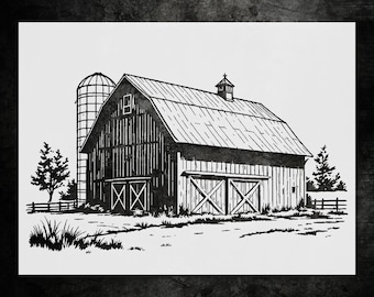 Wall Stencil: Rustic Barn with Silo and Trees - Reusable Mylar