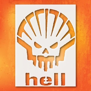 May include: Stencil featuring a skull design with a helmet-like structure and the word "hell" in a bold font. The design is cut out of a white rectangle, revealing an orange gradient background.