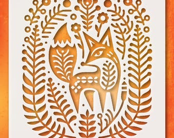 Intricate Fox And Floral Foliage Wall Painting Stencil Reusable Mylar for Rustic Cabin Lodge DIY Interior Accent