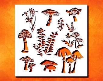 Plant and Mushroom Wall Stencil: Reusable Botanical Designs