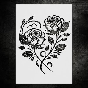 May include: Black and white floral illustration of two roses forming a heart shape. The roses have detailed petals and are surrounded by leaves and stems. The artwork is on a white background with a dark, textured backdrop.