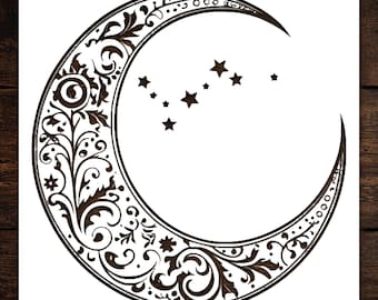 Crescent Moon Wall Stencil: Floral and Small Stars Design