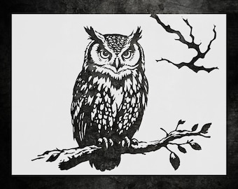 Owl Wall Stencil - Detailed Vintage Branch Design, Reusable Mylar