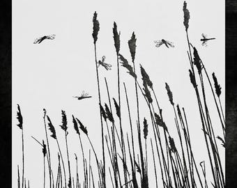 Nature Silhouette Wall Stencil - Tall Grass and Dragonflies Design