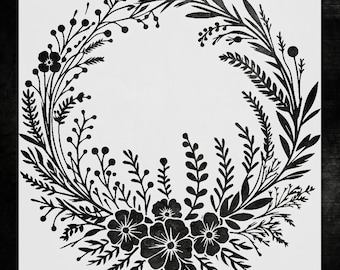 Cottage Floral Wall Stencil, Circular Wreath (Reusable Mylar 10 mil)