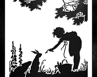 Silhouette Girl and Rabbit Wall Stencil - Cozy Nature Design