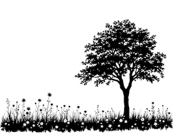 Wall Painting Stencil: Single Tree in Meadow - Reusable Mylar