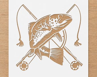 Plantilla reutilizable de Mylar para pesca con mosca de trucha / Plantilla para pintar peces trucha de 7x7.2 pulgadas para letreros de madera, lienzos, telas y decoración de paredes.