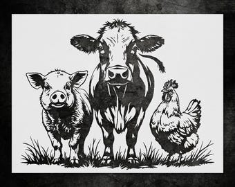 Plantillas de pared de animales de granja: cerdo, vaca y gallina para decoración rústica.