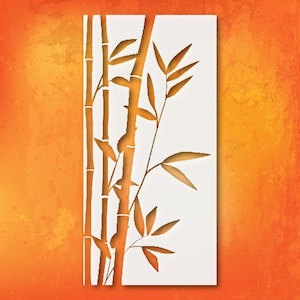 May include: A vertical art piece featuring a bamboo design. The bamboo stalks and leaves are a warm orange color, set against a white background. The background has an orange and yellow gradient with a textured appearance.