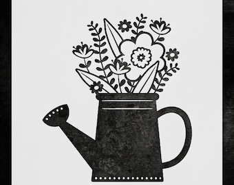 Watering Can Wall Stencil: Floral Leaves for Cottage Garden