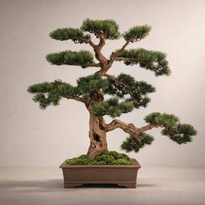 Semi-kunstmatige bonsai – echte houten stam, mos, keramische pot – handgemaakt uniek stuk