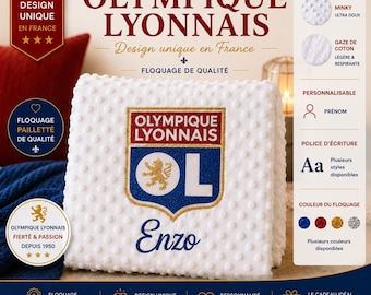 Plaid bébé personnalisé Olympique Lyonnais OL – Minky doux | Gaze de Coton– Couverture naissance fille ou garçon – Cadeau personnalisé