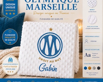 Plaid bébé personnalisé Nouveau Logo Olympique Marseille OM – Minky doux | Gaze de Coton– Couverture naissance fille ou garçon