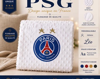 Plaid bébé personnalisé Deux Étoiles Paris Saint Germain - PSG – Minky doux | Gaze de Coton– Couverture naissance fille ou garçon