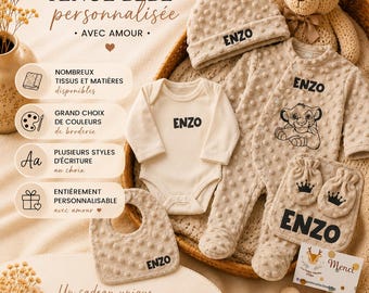 Set 5 pièces personnalisé Disney- Avec ou Sans Motif Tenue de Naissance – Minky Gaze - Fille | Garçon -  Ensemble Naissance - Maternité