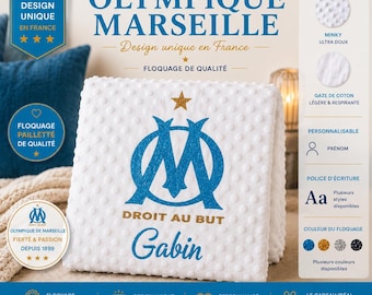 Plaid bébé personnalisé - Olympique Marseille - OM – Minky doux |Gaze de Coton– Couverture naissance fille ou garçon – Cadeau personnalisé