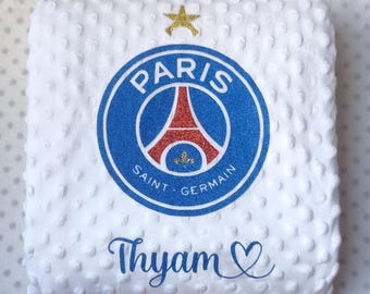 Plaid bébé personnalisé Paris Saint Germain - PSG – Minky doux | Gaze de Coton– Couverture naissance fille ou garçon – Cadeau personnalisé