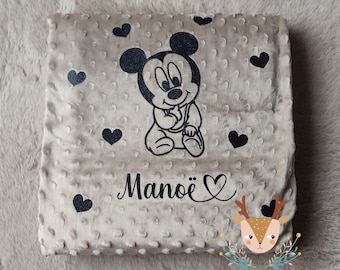 Plaid bébé personnalisé Mickey – Minky doux | Gaze de Coton– Couverture naissance fille ou garçon – Cadeau personnalisé