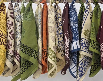 Hand Block Printed Cotton Bandana Set, Indian Handmade (21x21 Inch)
