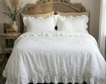 White Linen Ruffle Duvet Cover Set, Soft Washed Linen Bedding, Farmhouse Bed Set, Neutral Beige Bedding, Handmade Linen Comforter Cover