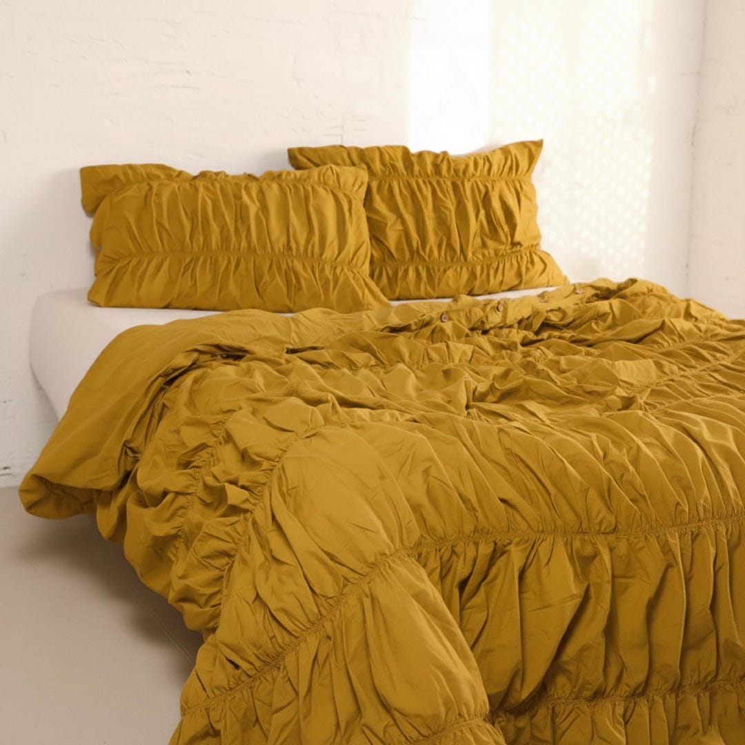 Mustard Yellow Ruched Duvet Cover Set, Soft Cotton Boho Bedding, Modern ...