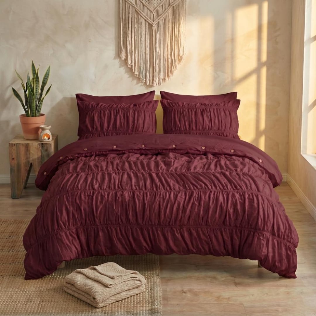 Wrinkled Duvet Cover Set – Burgundy Wine Boho Bedding, Soft Textured ...