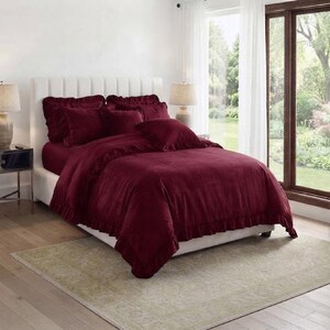 Parure de lit bordeaux, linge de lit en lin rouge foncé uni, housse de couette douce et luxueuse avec taies d'oreiller, décoration de chambre bohème, literie queen size.