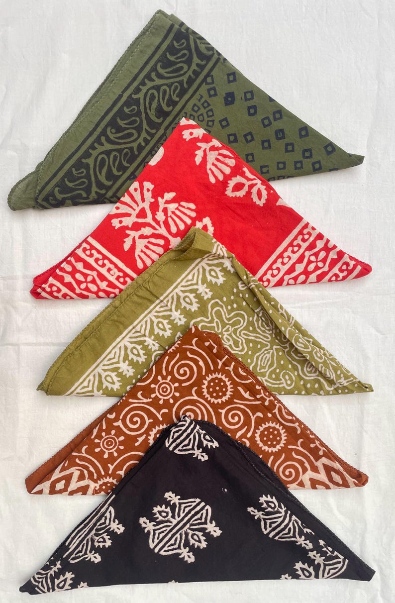 Hand Block Print Bandana Set of 5 Assorted Prints Cotton Bandanas Pack ...