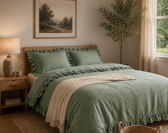Juego de ropa de cama de lino verde salvia con volantes / Funda nórdica de lino suave lavado / Ropa de cama de estilo rústico bohemio / Juego de cama de lino natural